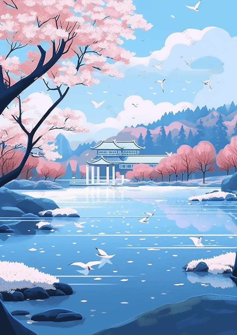 蓝色手绘风风景度假区湖泊森林背景,插画/手绘图,插画/手绘图库,插画/手绘图下载,插画/手绘